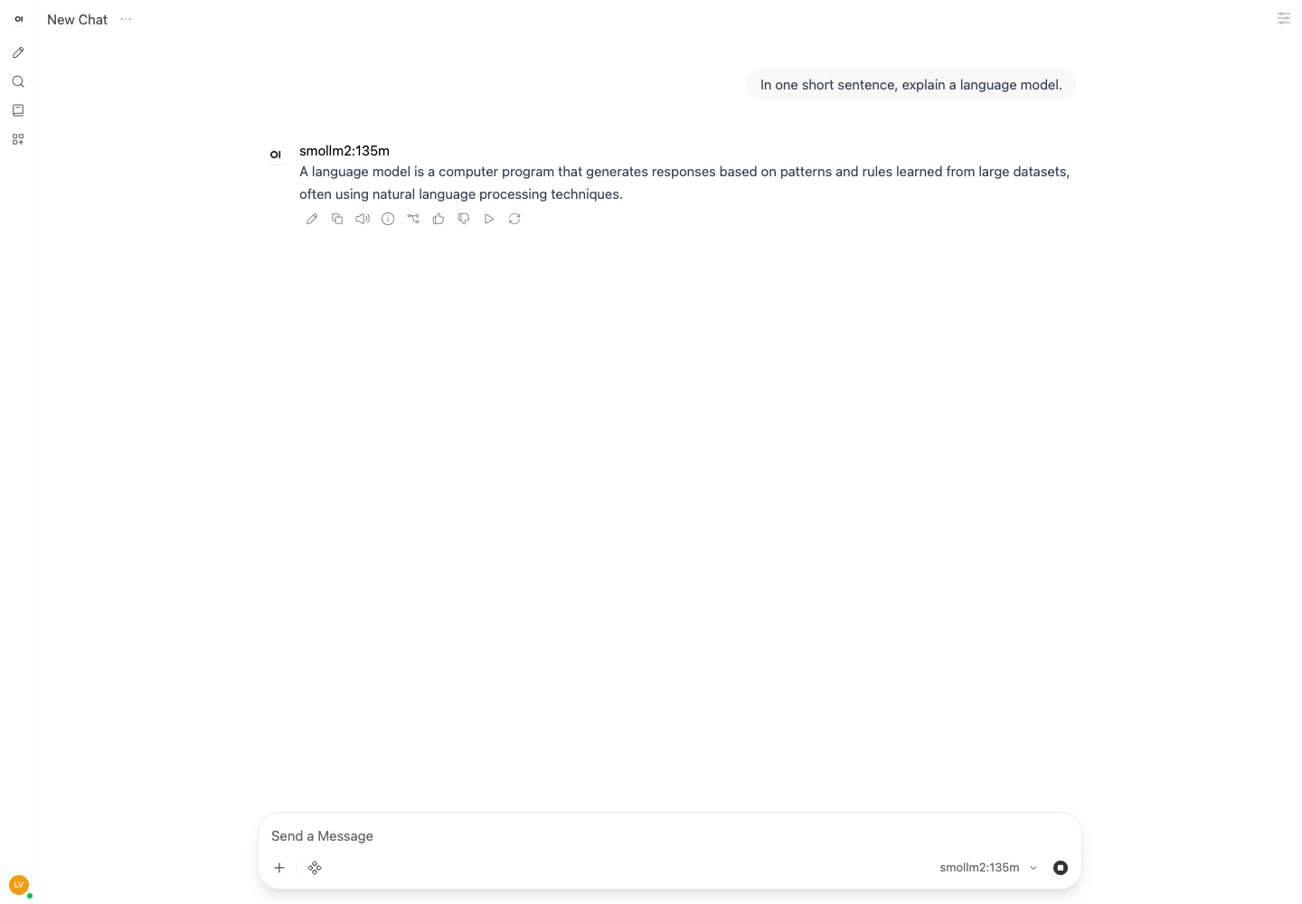Actual local Open WebUI chat returning text from the SmolLM2 model.